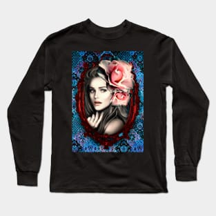 Red Frame Bright Pink Roses Portrait Beautiful Girls Artwork, Digital Art Long Sleeve T-Shirt